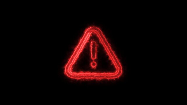 Glowing red neon electric warning triangle sign animation on black background loop.