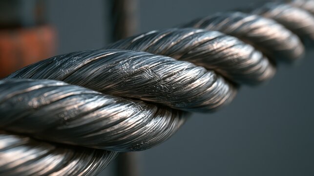 Highly detailed 3D rendering of a scratched metal wire rope for industrial equipment