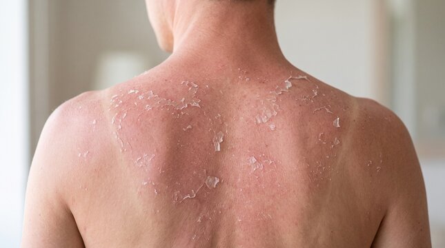 Dramatic Close-Up of Peeling Sunburned Back Skin With Redness in Natural Daylight