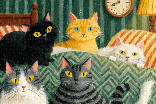 Five cats of different colors and patterns relaxing in a warm bedroom setting, a charming illustration of comfortable pets