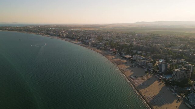 Aerial View of Sunny Beach Bay, Coastline, Hotels, and Black Sea, Bulgaria