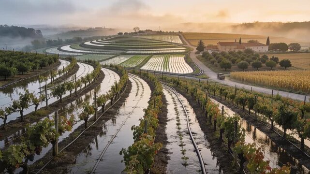 Reflecting flooded terraces, vine rows catching sunrise at farm road, lifting mist and truck moving