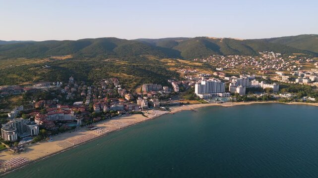 Aerial View of Sunny Beach Bay, Coastline, Hotels, and Black Sea, Bulgaria