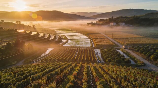 Gliding drone moving over valley as sunrise lifting mist, revealing vineyards, terraces and truck