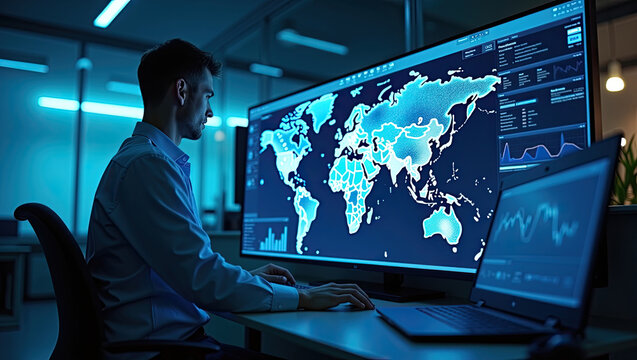 Business analyst working on global market data displayed on a large computer screen at night