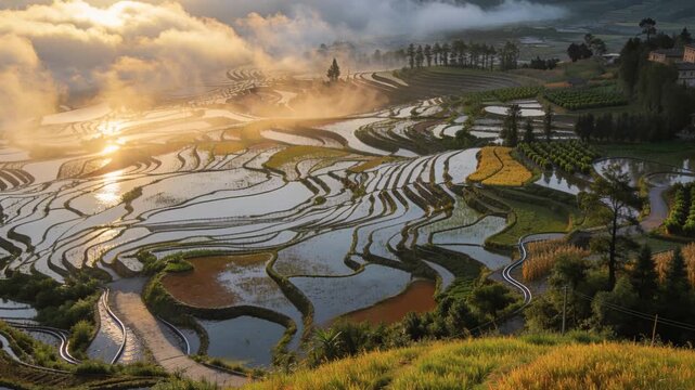 Sunlight brightening flooded rice terraces mirroring sky on hillside road, revealing parked vehicle