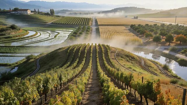 Warming vineyard rows glowing on hill, sunlight lifting mist and tractor kicking dust along road