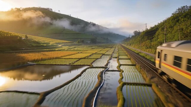 Passing passenger train moving from horizon, carrying people past rice paddies, copy space