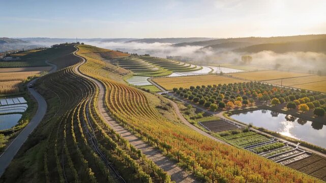Advancing drone filming terraced vineyard in morning, surveying irrigation lines, ponds glinting