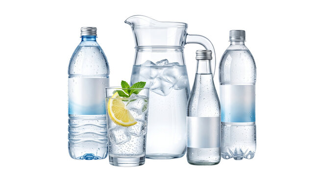 Fresh mineral water bottles and glass pitcher with ice. Cold drinking water set with lemon and mint. Clear beverage containers for hydration.