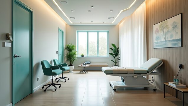 Clean medical examination room interior with adjustable bed and seating area in modern healthcare facility setting