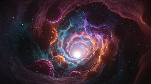 Following light pulsing, camera advancing into spiral tunnel in space, with floating spheres