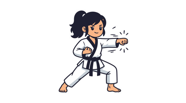 Cartoon girl in karate uniform performing a punch.