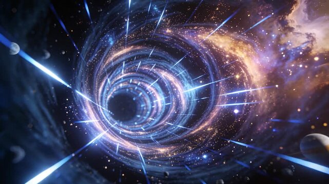 Shifting camera moving toward spiral wormhole with glow rings drawing planets inward in deep space