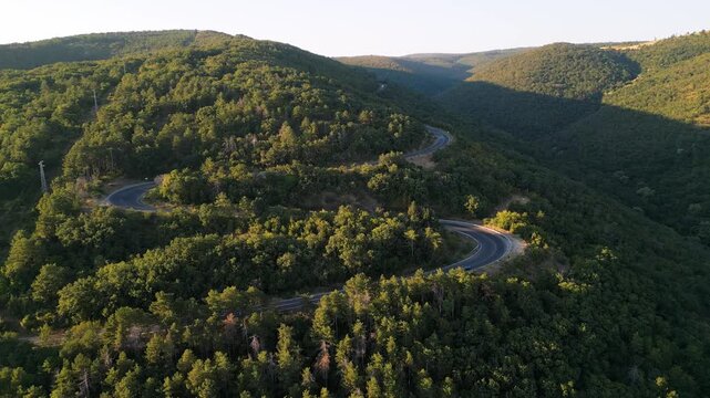 Aerial View of Winding Mountain Road Serpentine with Cars, Varna Burgas Road