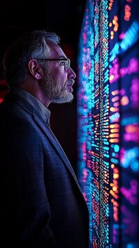 Mature businessman in profile analyzing colorful digital data visualization on a glowing high-tech screen in a dark room