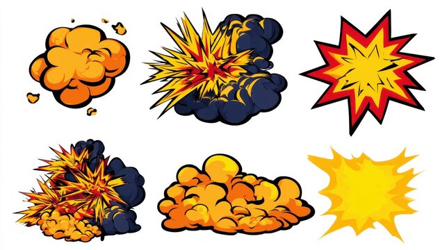 Set of six colorful cartoon explosion graphics and comic book style blast effects