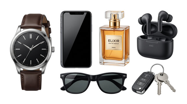 Modern lifestyle accessories collection, luxury mens everyday carry items, stylish watch and tech gadgets on white background