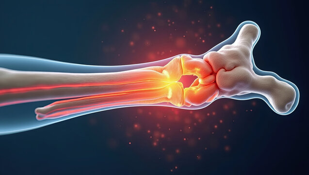 Close up digital visualization of human joint inflammation shown with glowing internal anatomical pain