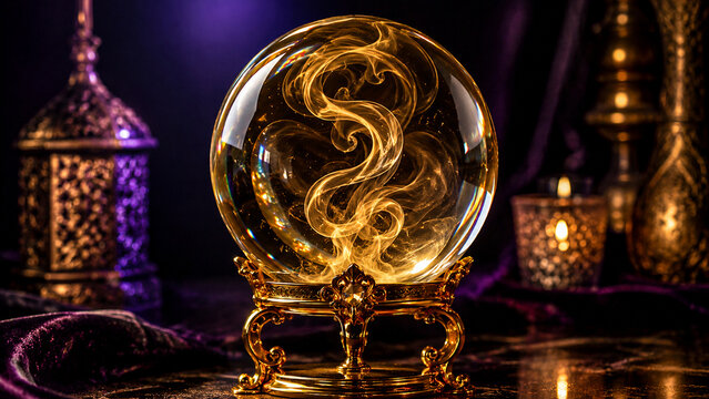 A golden crystal ball rests on an ornate stand illuminated with swirling smoke