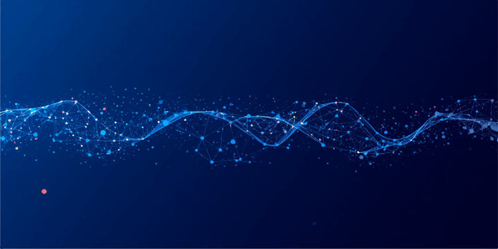 Abstract dark blue futuristic technology background with glowing digital wave, connected particle mesh, flowing data network, cyberspace communication and advanced science concept.