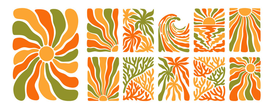 Set of hand drawn abstract funky boho summer poster with raising sun, coconut palm tree, ocean wave, coral, seaweed