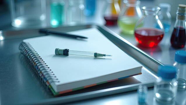 Close up of an empty notebook with a pen in a sterile laboratory environment