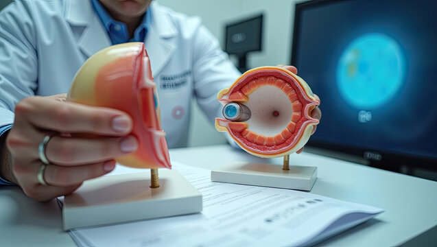 Close up of medical professional holding anatomical human eye model to explain vision care procedures
