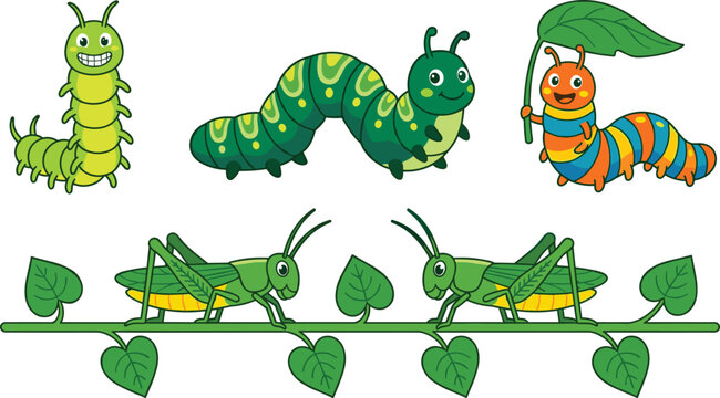 Cute cartoon caterpillar and grasshopper vector character set sitting on green plant leaves and vine