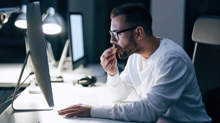Obraz premium Man with glasses working on computer at night in office