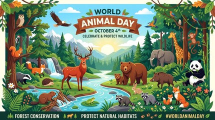 Naklejka premium A colorful illustration of diverse animals in a forest setting celebrating World Animal Day. Concept emphasizes wildlife conservation, biodiversity, and environmental protection. Generative AI.