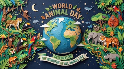 Naklejka premium Paper art shows Earth surrounded by wild animals and tropical plants for World Animal Day. Concept wildlife conservation and biodiversity for campaigns, posters and editorial use. Generative AI.