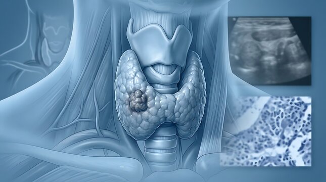 Thyroid gland anatomy showing a tumor nodule and diagnostic scans