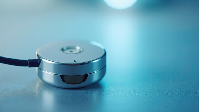 Close up shot of professional stethoscope chest piece on plain smooth surface for diagnostic use