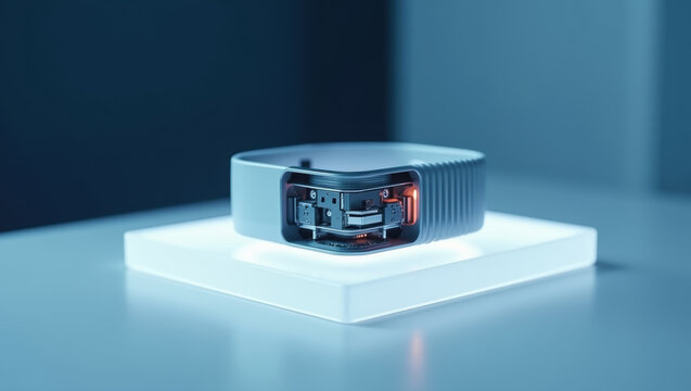 Close up view of a futuristic electronic device resting on a glowing illuminated square platform
