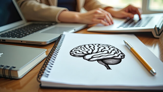 Close up view of a hand drawing a human brain sketch inside a spiral notebook