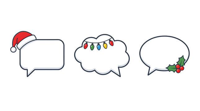 Christmas themed speech bubbles with santa hat, lights, and holly isolated on transparent background