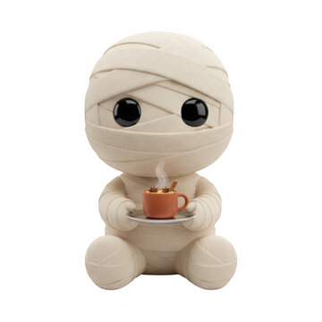 Cute cartoon mummy character sitting and holding a small warm cup of coffee or hot tea for a cozy break time