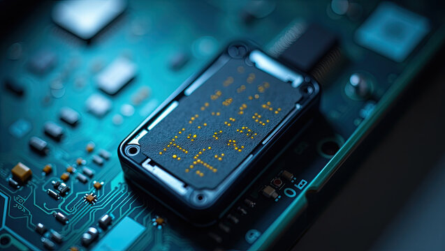 Close up view of an electronic circuit board with a central microchip component and gold circuitry