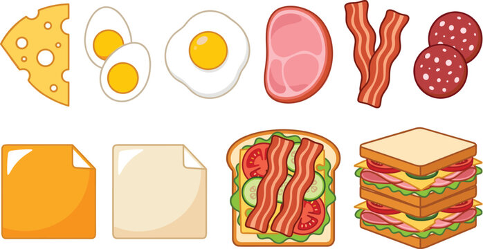 Breakfast sandwich ingredient vector icon set with cheese egg bacon ham salami lettuce and tomato