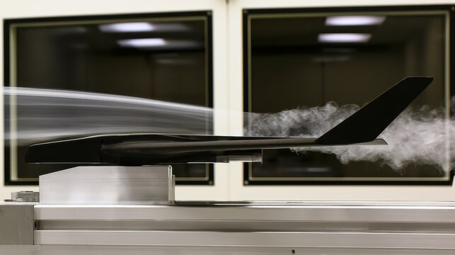 Black experimental drone prototype undergoing wind tunnel aerodynamic testing for engineering research