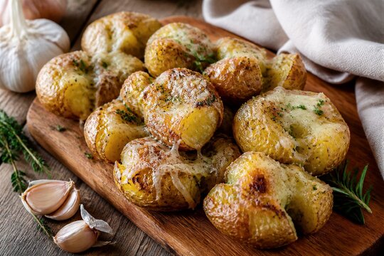 Smashed roasted baby potatoes topped with melted cheese on board