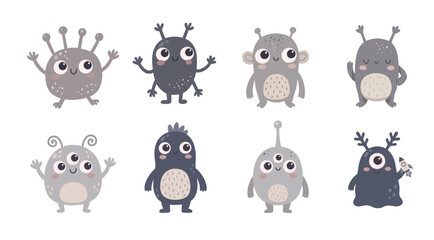 Fototapeta premium Scandinavian Alien Character Collection with Different Gray and Purple Extraterrestrial Creatures