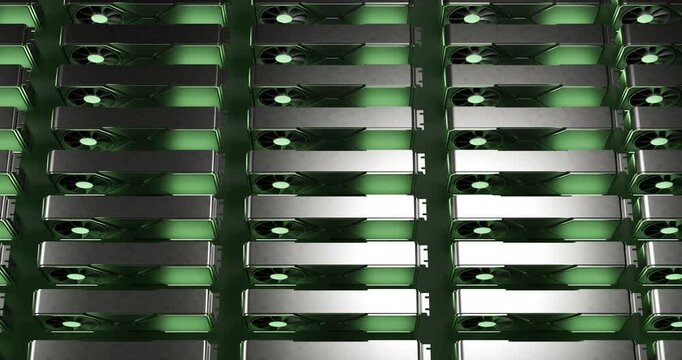Dynamic camera pulling back to wide angle view over endless rows of active computer graphics processing units revealing dark copy space