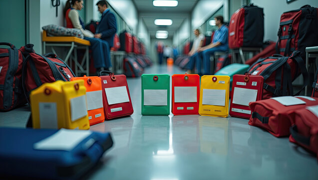 Colorful medical kit bags arranged on floor in busy public hospital hallway with blurred people