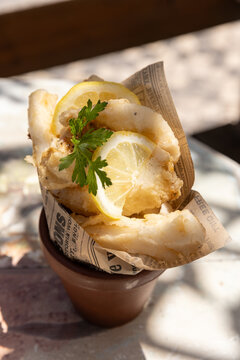 fried calamari garnished with lemon and cilantro on an outdoor restaurant patio with dappled light