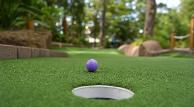 A purple mini golf ball near the hole on a putting green course.