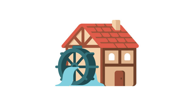 Flat vector illustration of a traditional watermill with a red tiled roof and flowing water