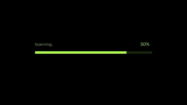 Scanning loading bar animation with precise percentage counter.  Scanning  of virus, malware and insecure apps. Animation of 4k video. 