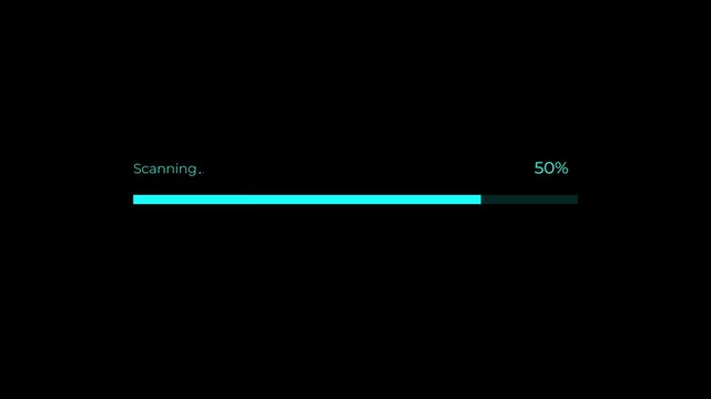 Scanning loading bar animation with precise percentage counter.  Scanning  of virus, malware and insecure apps. Animation of 4k video. 